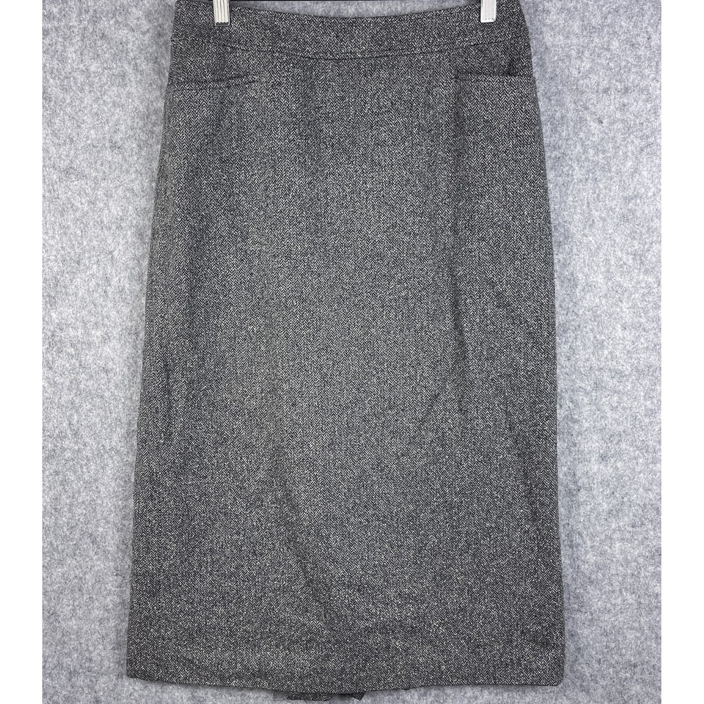 Ann Taylor Silk Wool Herringbone Skirt Womens 10P Gray Stretch Midi Career
